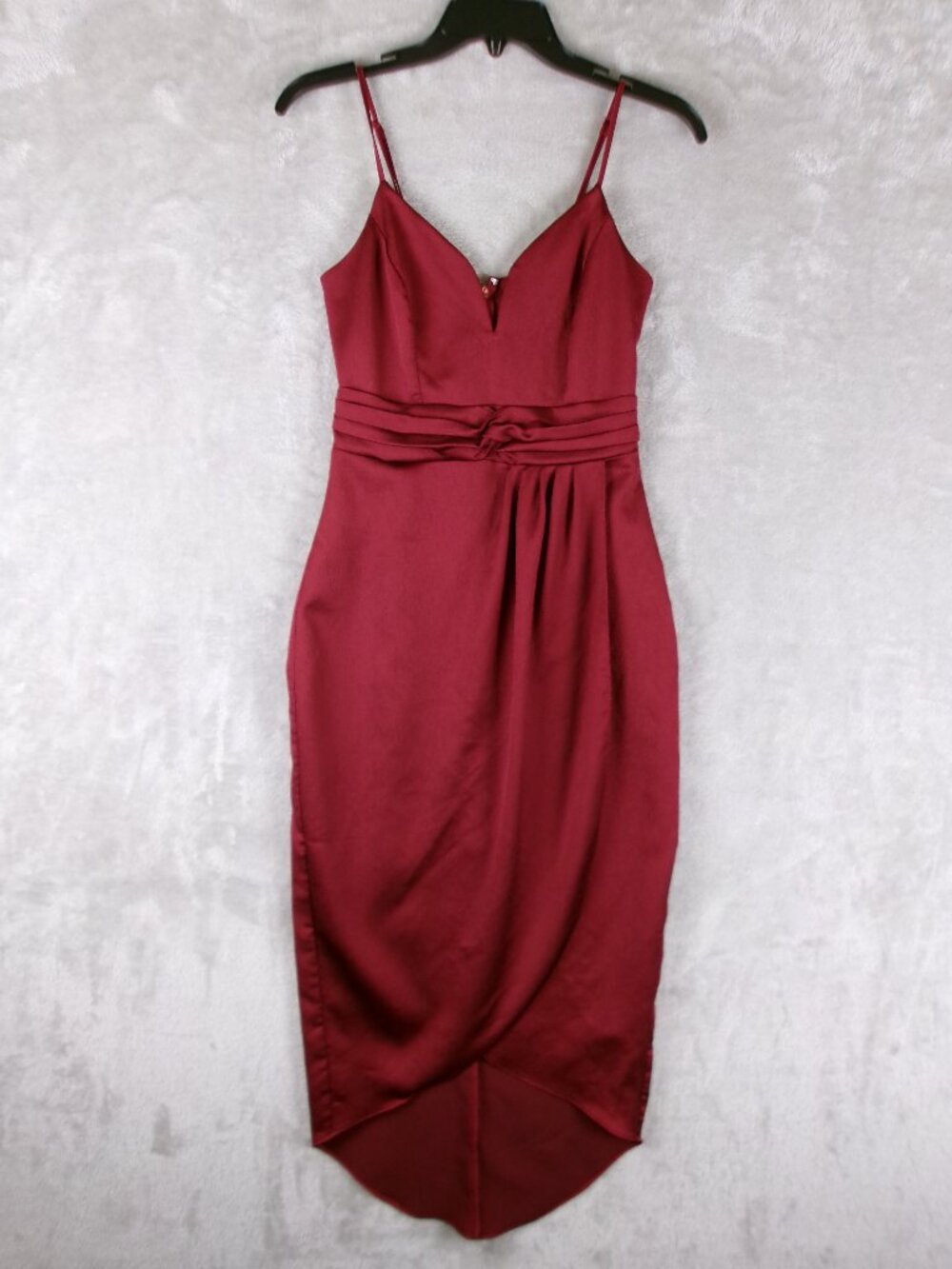 Express Burgundy Satin Plunge V Midi Cocktail Dress XS